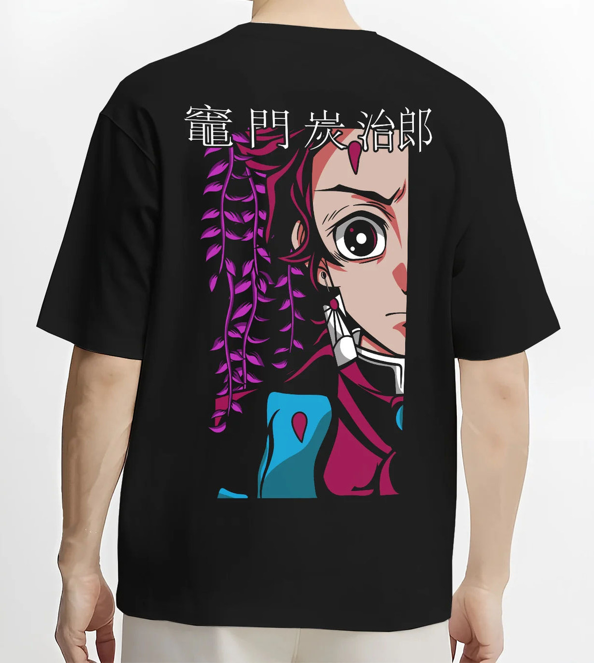 Black T-shirt model back view showing Tanjiro Kamado from Demon Slayer: split portrait