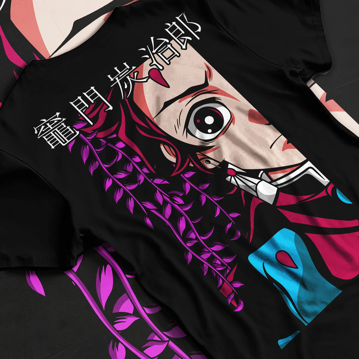 Black T-shirt flat back view showing Tanjiro Kamado from Demon Slayer: split portrait