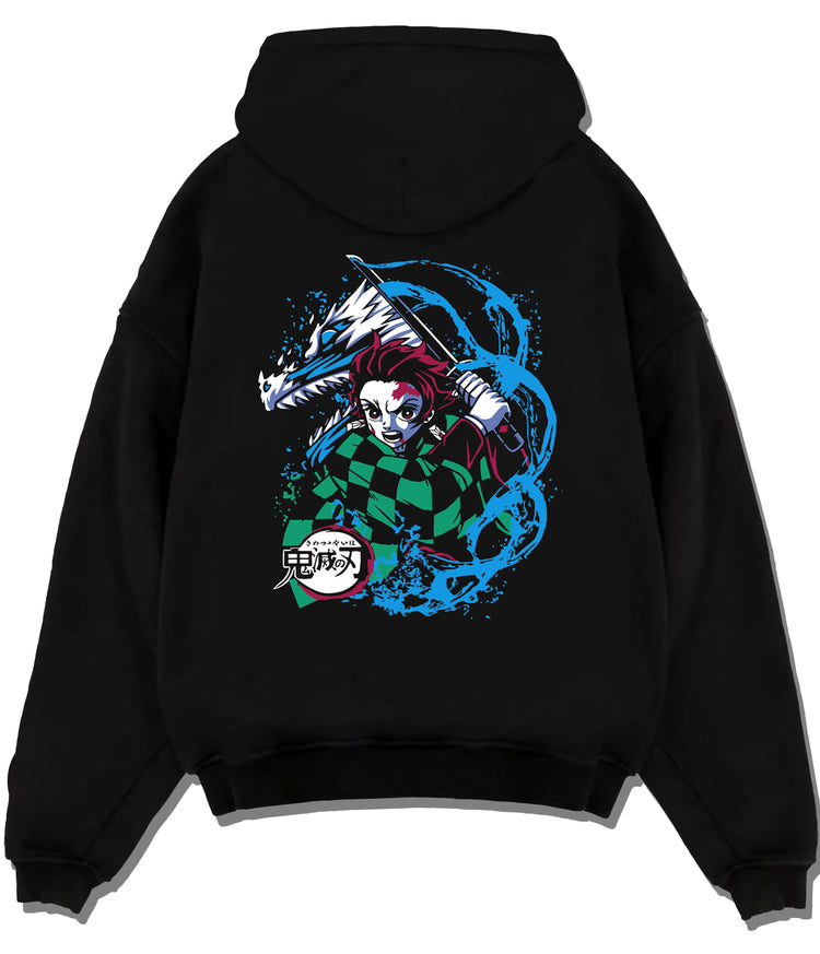 Black hoodie flat back view showing Tanjiro Kamado from Demon Slayer: Water Breathing wave