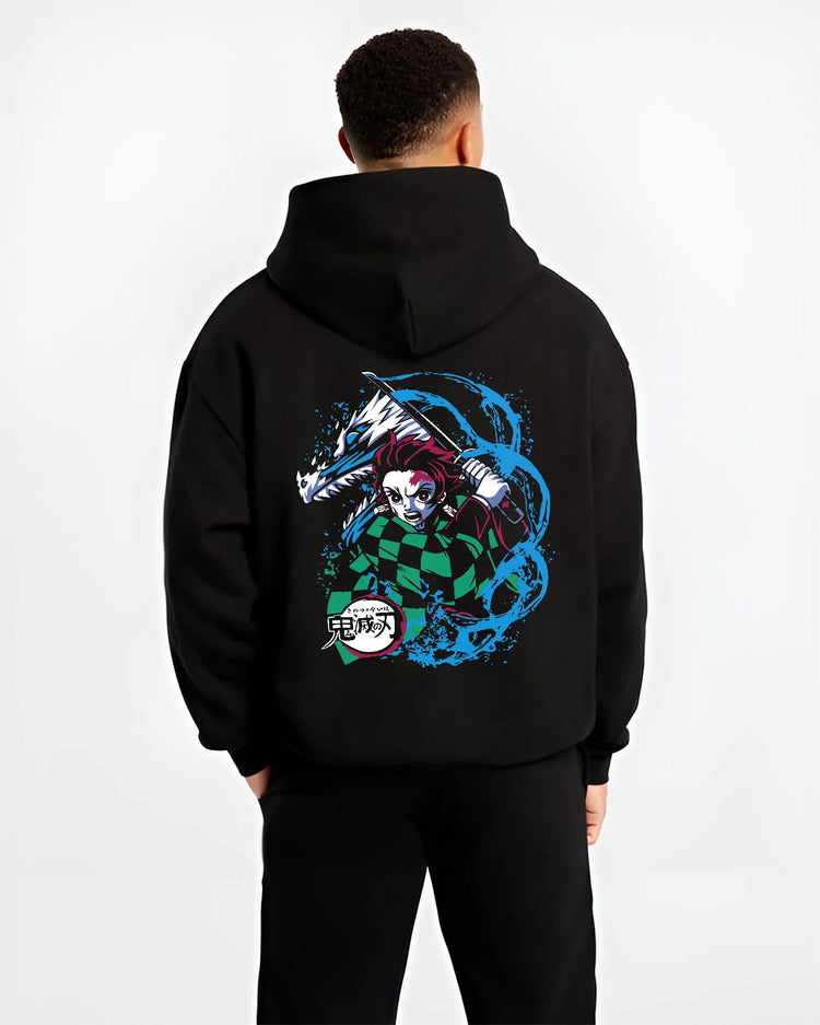Black hoodie model back view showing Tanjiro Kamado from Demon Slayer: Water Breathing wave