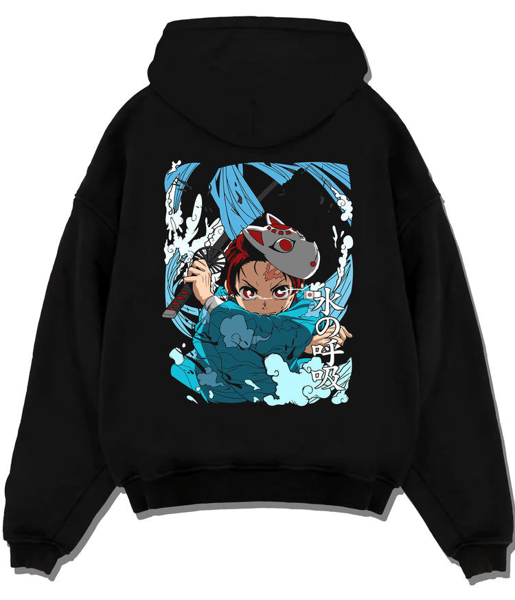 Black hoodie flat back view showing Tanjiro Kamado from Demon Slayer: fox mask and Water Breathing