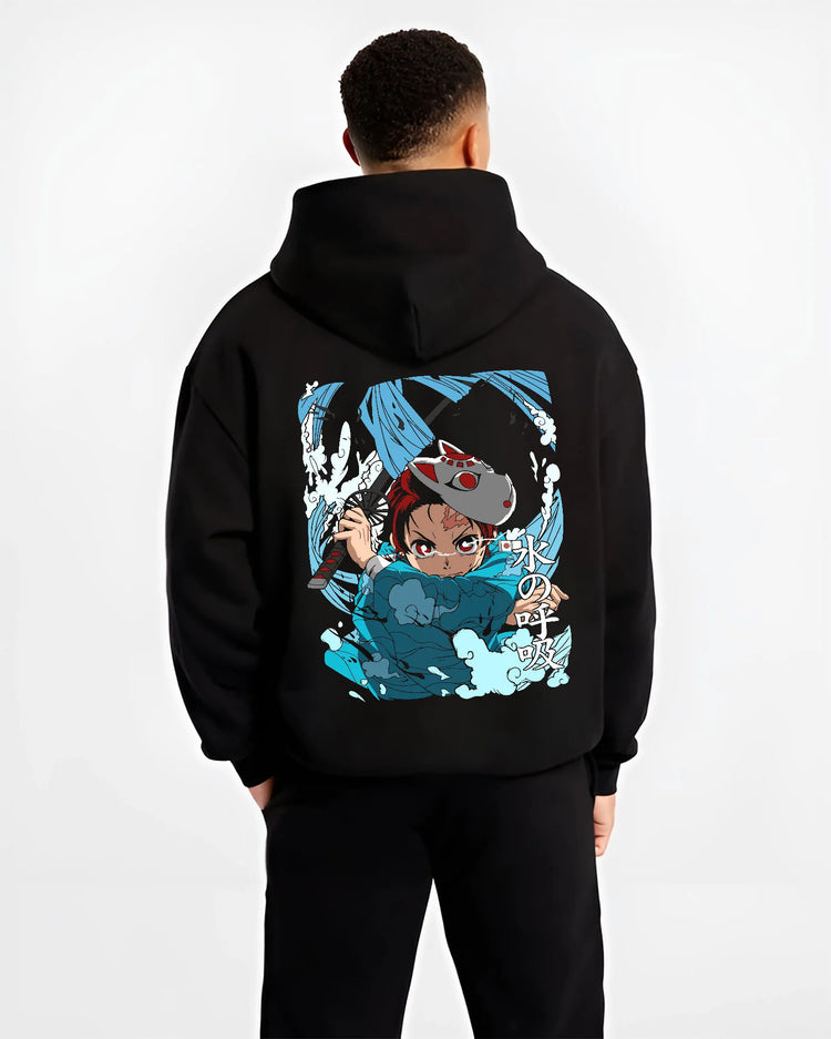 Black hoodie model back view showing Tanjiro Kamado from Demon Slayer: fox mask and Water Breathing