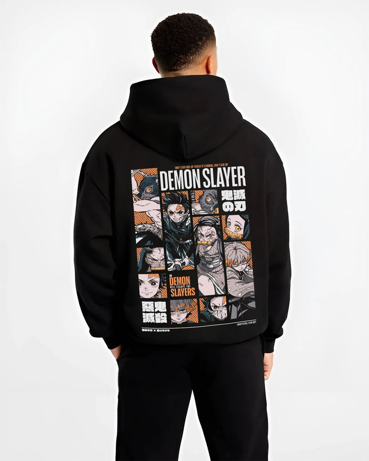 Black hoodie model back view showing Demon Slayer cast collage: Tanjiro and Nezuko