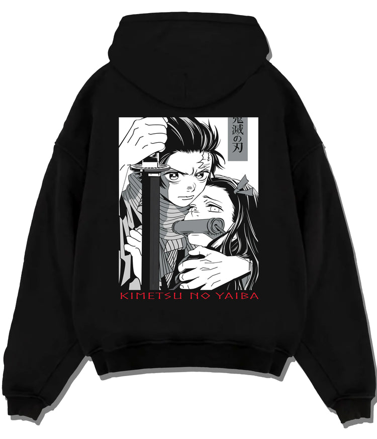 Black hoodie flat back view with Tanjiro and Nezuko Kamado from Demon Slayer illustrated back graphic