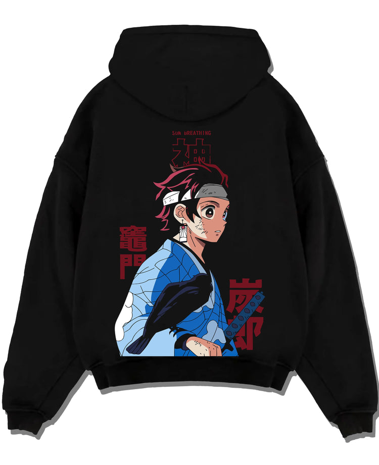Black hoodie laid flat featuring Tanjiro Kamado Demon Slayer Mark artwork.