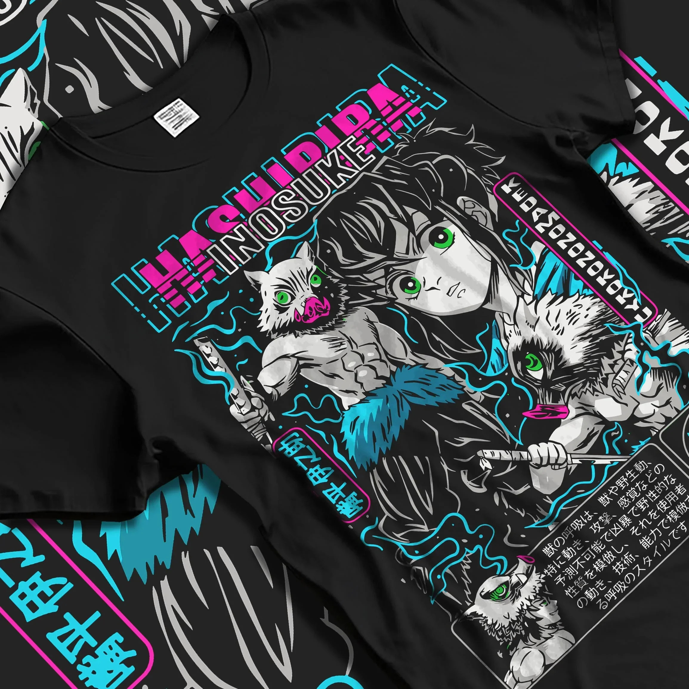 Black T-shirt laid flat with natural folds with Inosuke Hoodie Demon Slayer Beast Breathing Fighter graphic streetwear graphic.