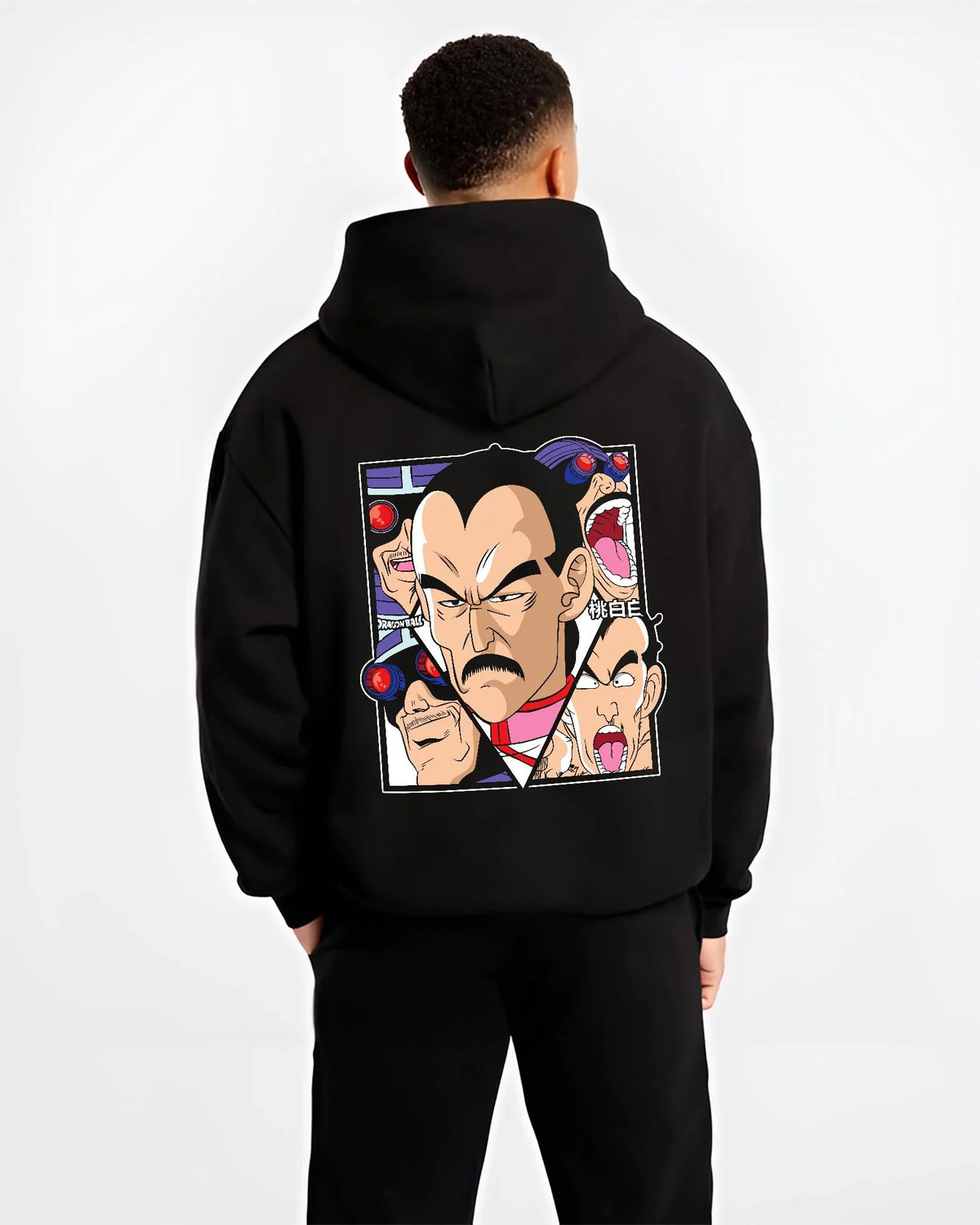 Black hoodie worn by male model from the back featuring Mercenary Tao assassin cyborg Dragon Ball artwork.