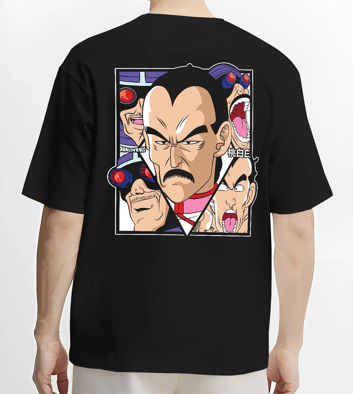 Black T-shirt worn by male model from the back featuring Mercenary Tao assassin cyborg Dragon Ball artwork.