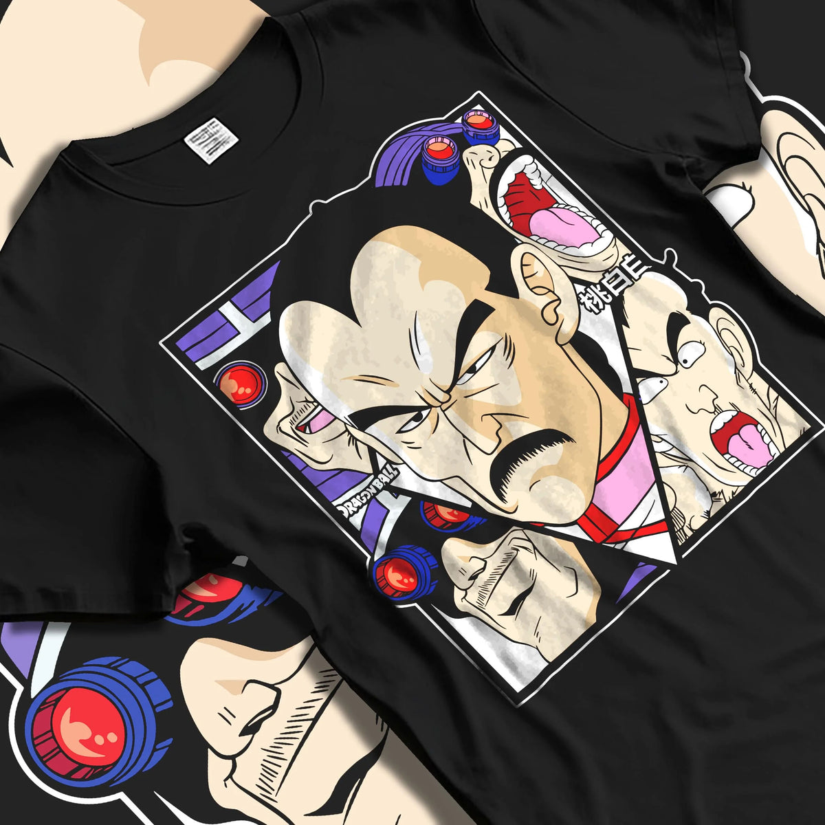 Black T-shirt laid flat with natural folds featuring Mercenary Tao assassin cyborg Dragon Ball artwork.