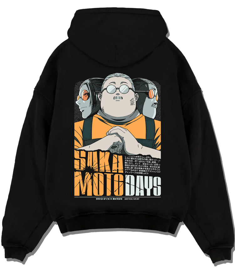 Black hoodie flat back view showing Taro Sakamoto from Sakamoto Days: orange work uniform