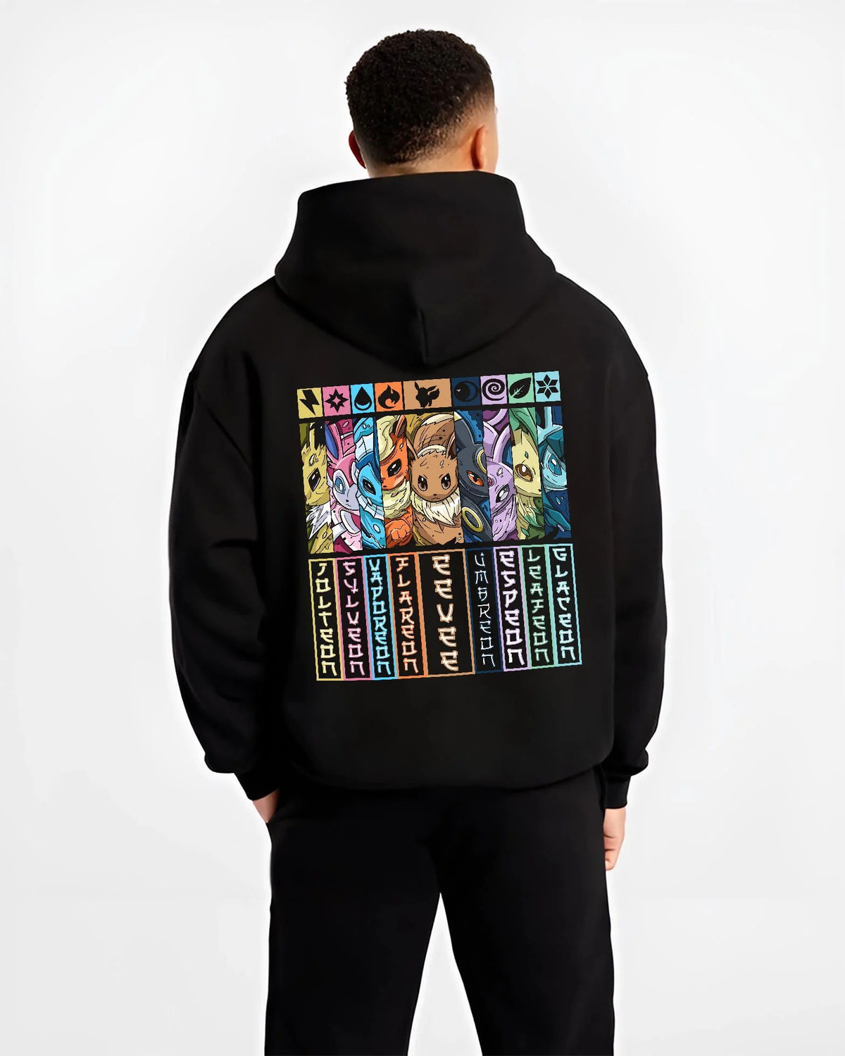Black hoodie worn by male model from the back featuring Eevee evolutions element types Pokemon artwork.