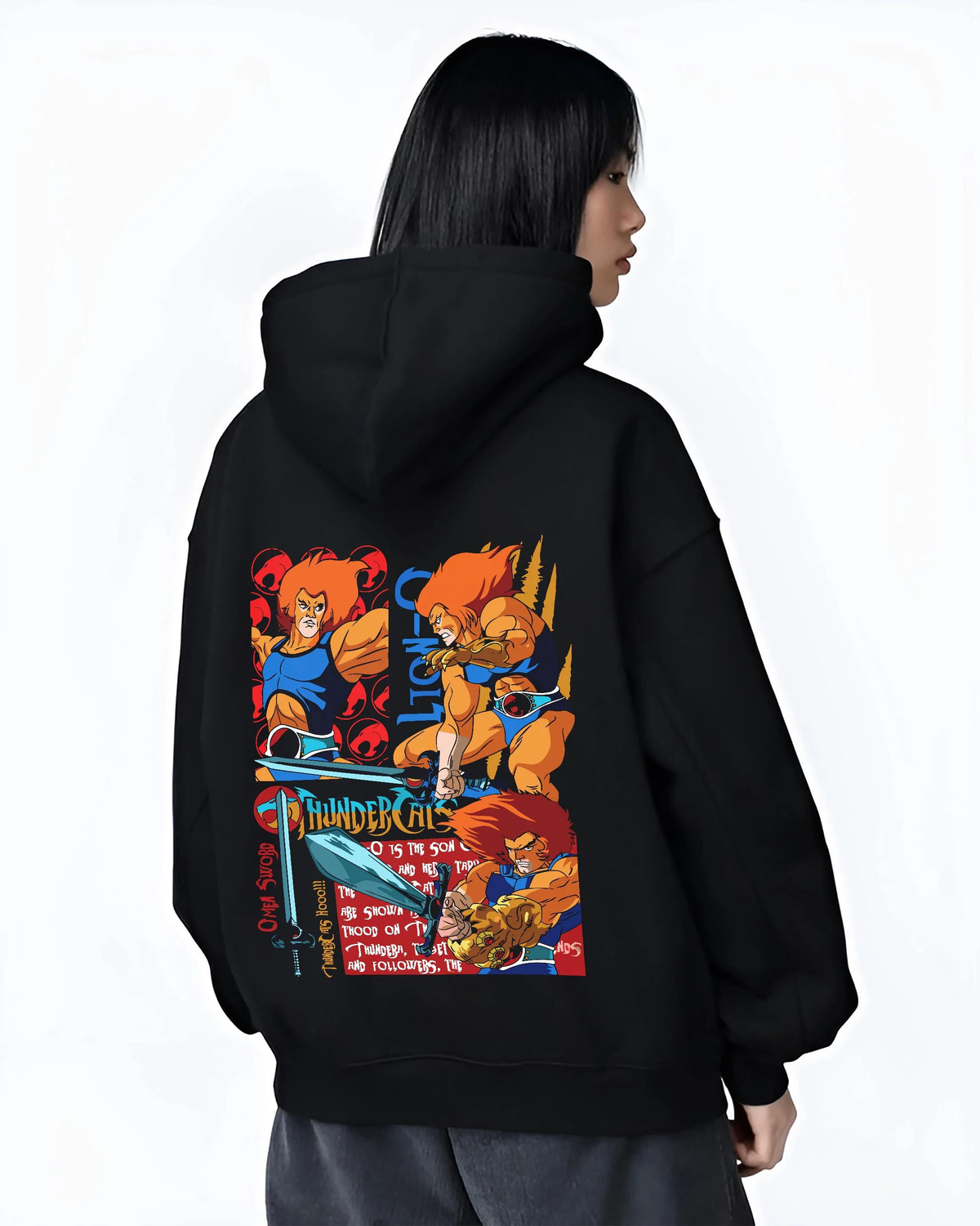 Black hoodie worn by female model from the back featuring Lion-O Sword of Omens team ThunderCats artwork.