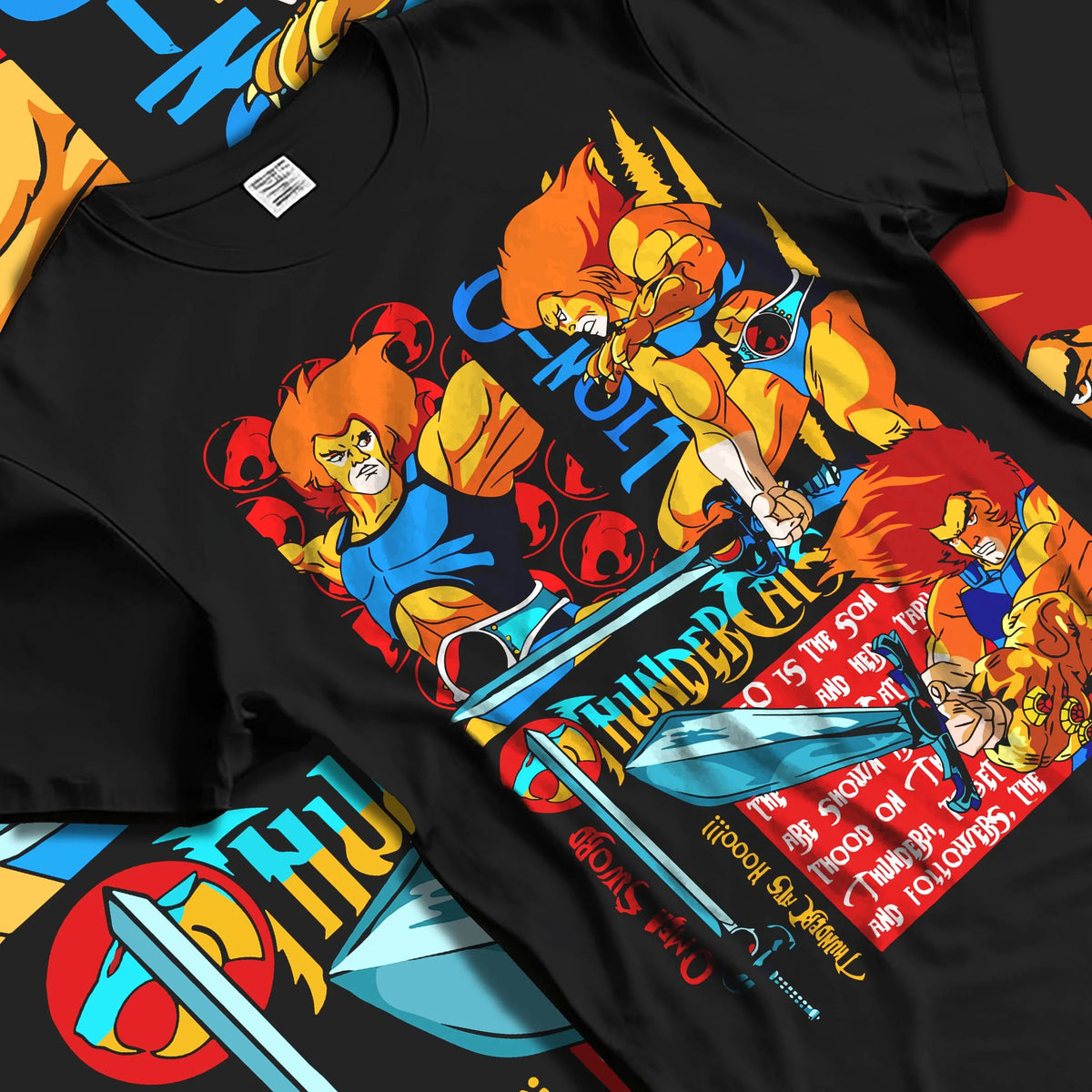 Black T-shirt laid flat with natural folds featuring Lion-O Sword of Omens team ThunderCats artwork.