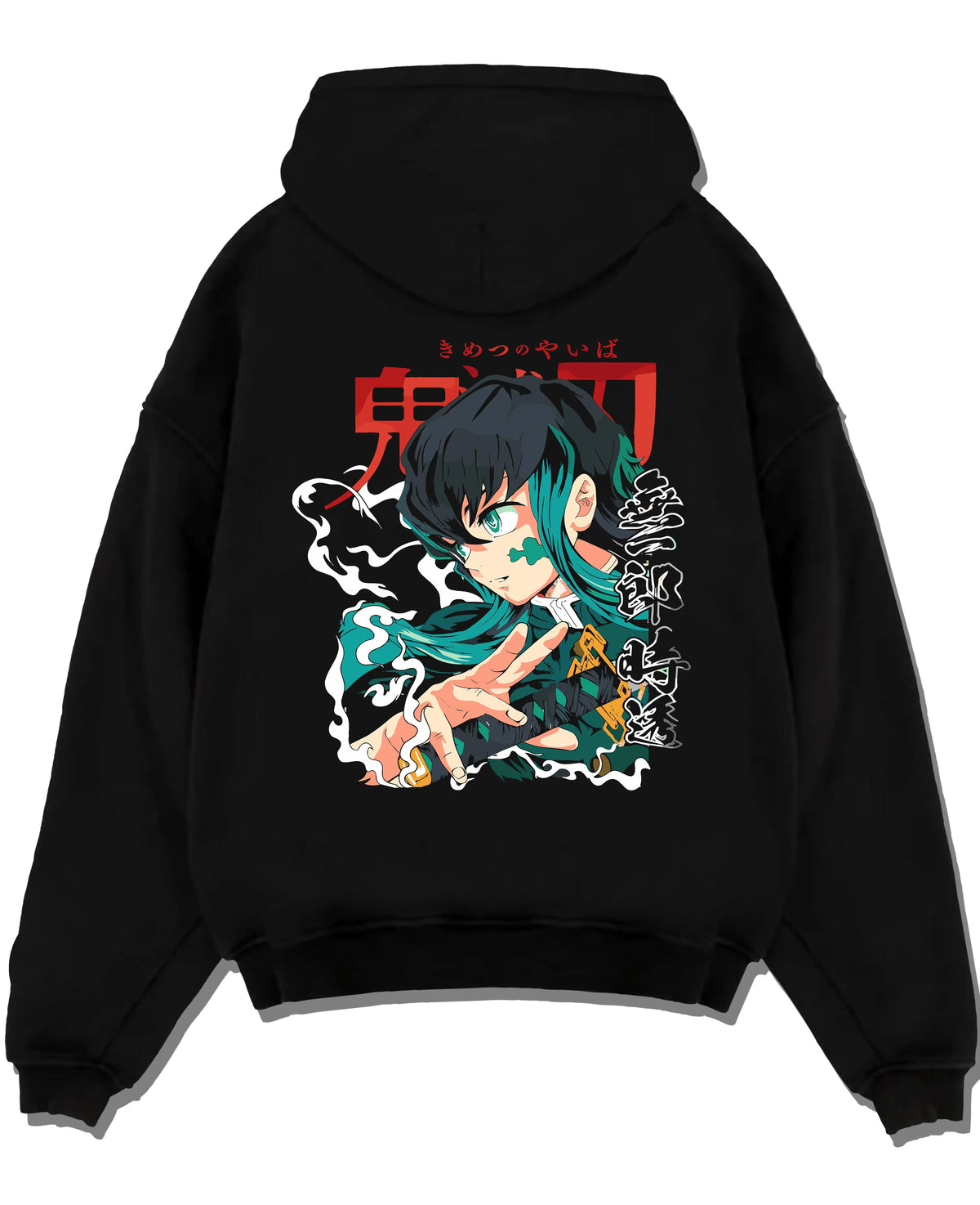 Black hoodie laid flat featuring Muichiro Tokito Mist Hashira teal portrait Demon Slayer artwork.