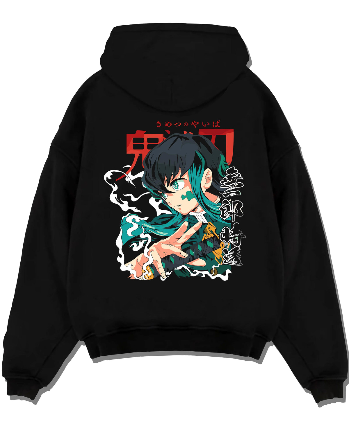 Black hoodie laid flat featuring Muichiro Tokito Mist Hashira teal portrait Demon Slayer artwork.