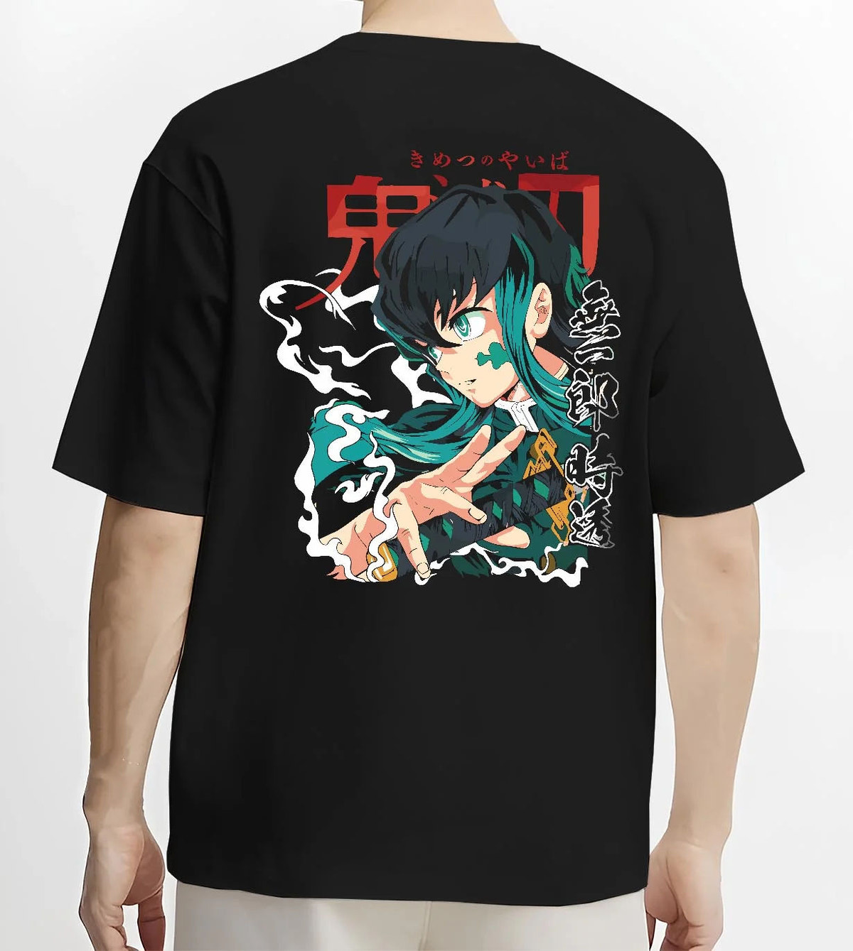 Black T-shirt worn by male model from the back featuring Muichiro Tokito Mist Hashira teal portrait Demon Slayer artwork.