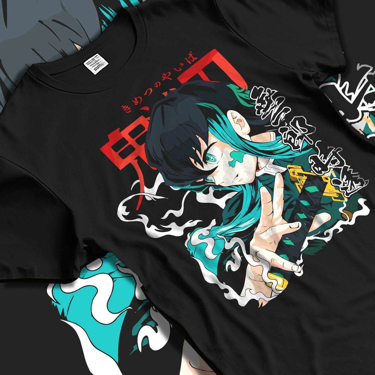 Black T-shirt laid flat with natural folds featuring Muichiro Tokito Mist Hashira teal portrait Demon Slayer artwork.