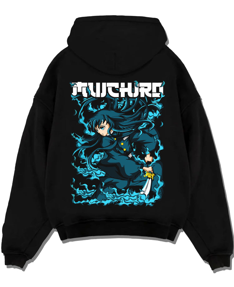 Black hoodie laid flat featuring Muichiro Tokito Mist Breathing sword Demon Slayer artwork.