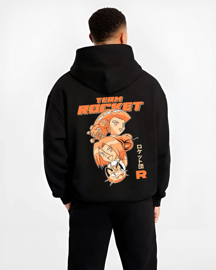 Black hoodie model back view showing Team Rocket from Pokémon: Jessie, James and Meowth