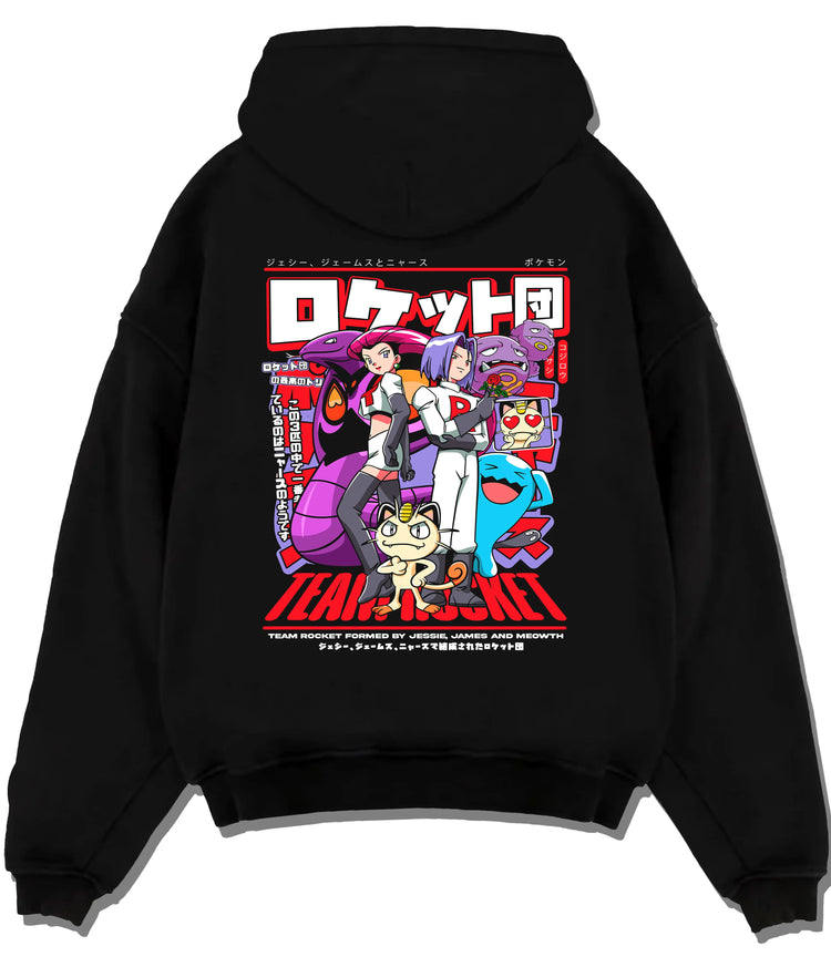 Black hoodie flat back view showing Team Rocket from Pokémon: Jessie, James and Meowth