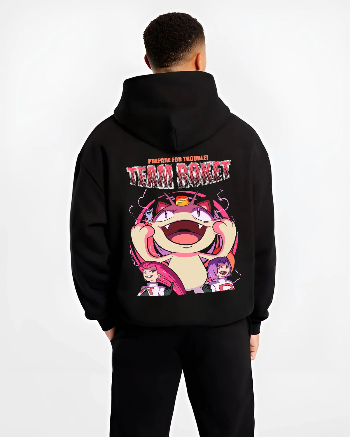 Black hoodie model back view with Team Rocket Jessie, James and Meowth from Pokémon illustrated back graphic