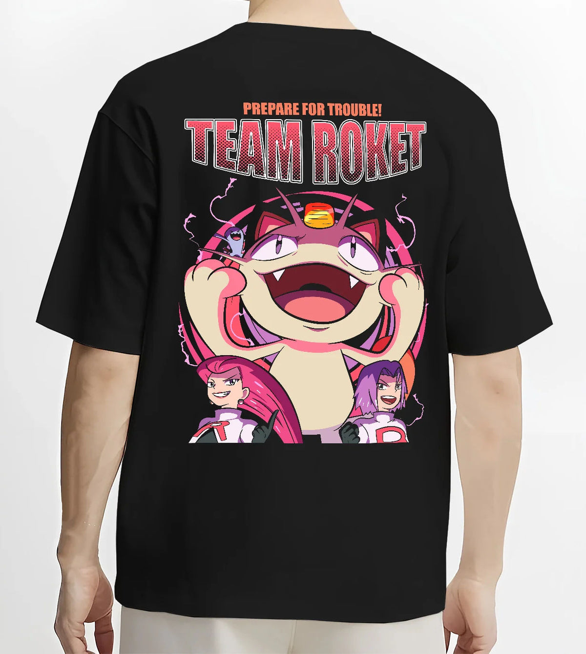 Black T-shirt model back view with Team Rocket Jessie, James and Meowth from Pokémon illustrated back graphic