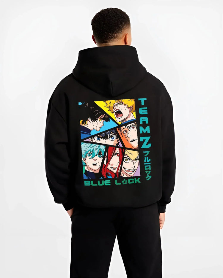 Black hoodie worn by male model, back view with Blue Lock Hoodie Team Z Isagi Bachira Soccer Squad graphic streetwear graphic.