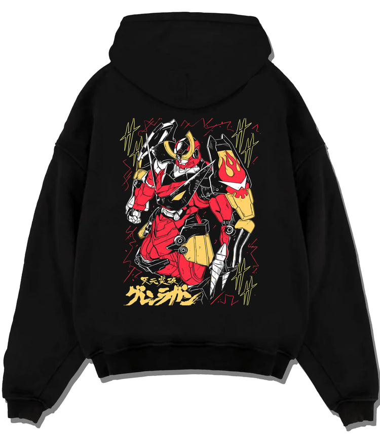 Black hoodie flat back view showing Tengen Uzui from Demon Slayer: dual blades red-gold print