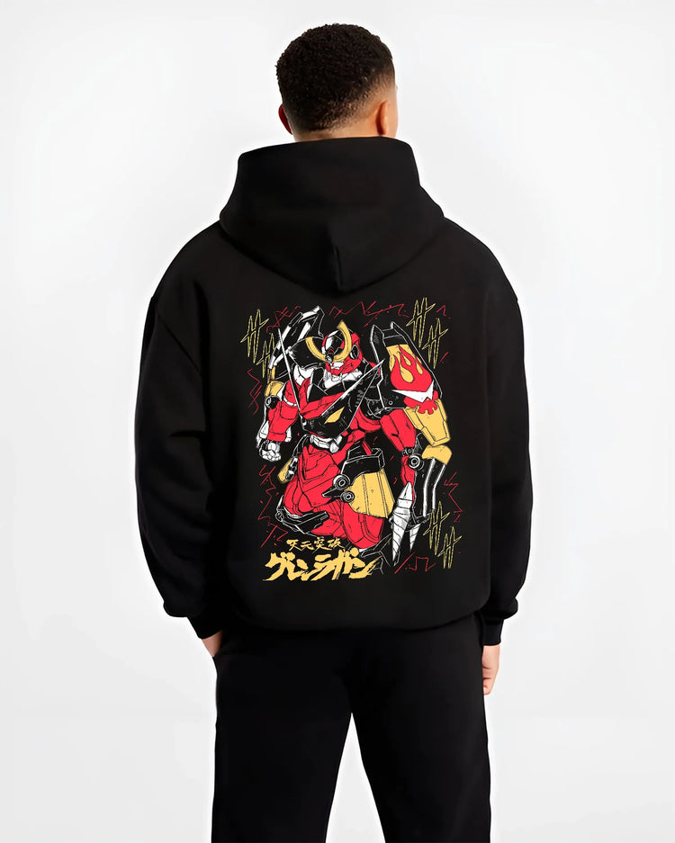 Black hoodie model back view showing Tengen Uzui from Demon Slayer: dual blades red-gold print