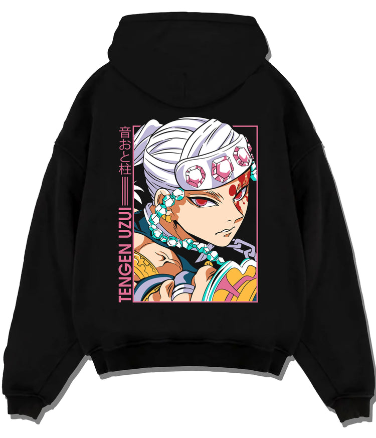 Black hoodie flat back view showing Tengen Uzui from Demon Slayer: colourful eye and headband close-up