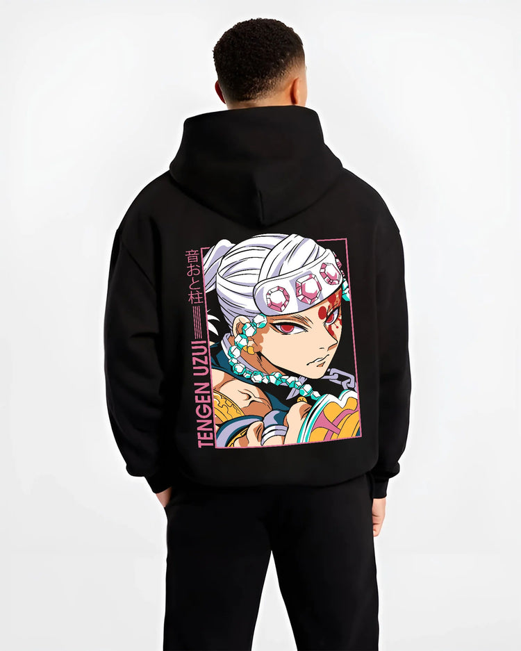 Black hoodie model back view showing Tengen Uzui from Demon Slayer: colourful eye and headband close-up