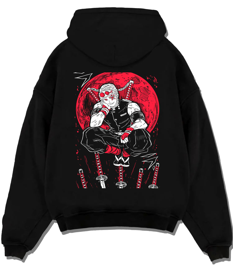 Black hoodie flat back view showing Tengen Uzui from Demon Slayer: seated magenta/red print