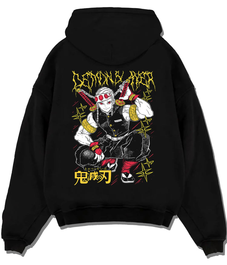 Black hoodie flat back view showing Tengen Uzui from Demon Slayer: crouching yellow/black print