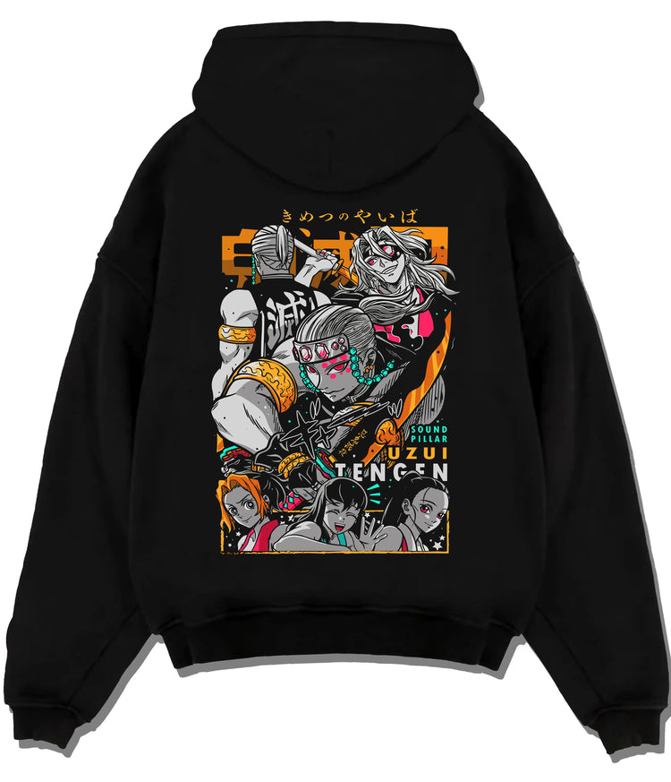 Black hoodie flat back view showing Tengen Uzui from Demon Slayer: group and action collage