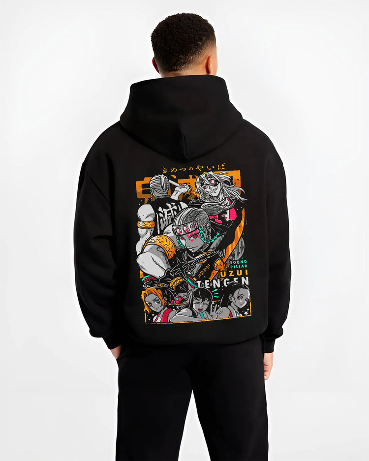 Black hoodie model back view showing Tengen Uzui from Demon Slayer: group and action collage