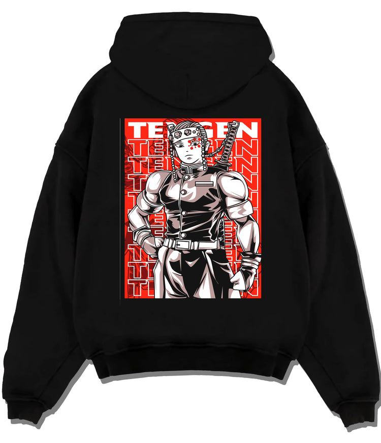 Black hoodie flat back view showing Tengen Uzui from Demon Slayer: muscular poster with twin blades
