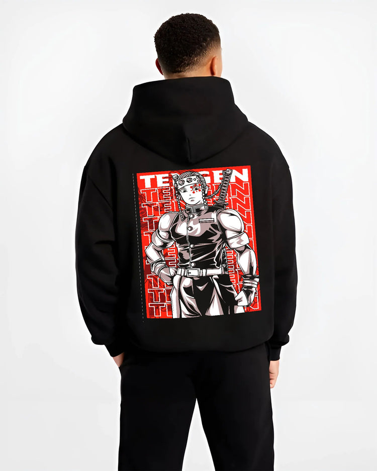 Black hoodie model back view showing Tengen Uzui from Demon Slayer: muscular poster with twin blades