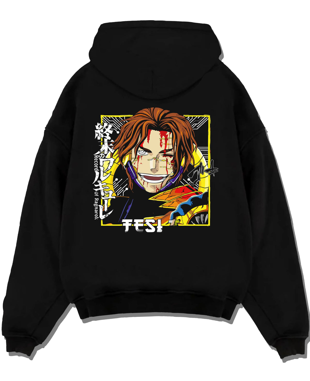 Black hoodie laid flat featuring Nikola Tesla science battle Record of Ragnarok artwork.