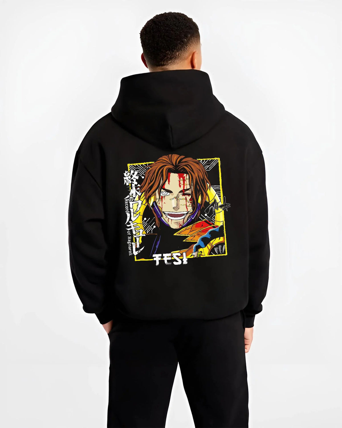Black hoodie worn by male model from the back featuring Nikola Tesla science battle Record of Ragnarok artwork.