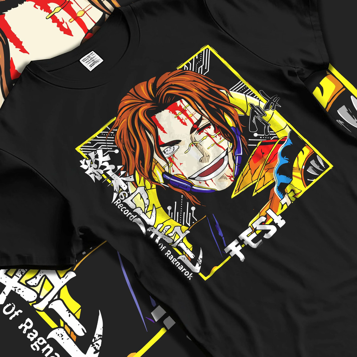 Black T-shirt laid flat with natural folds featuring Nikola Tesla science battle Record of Ragnarok artwork.