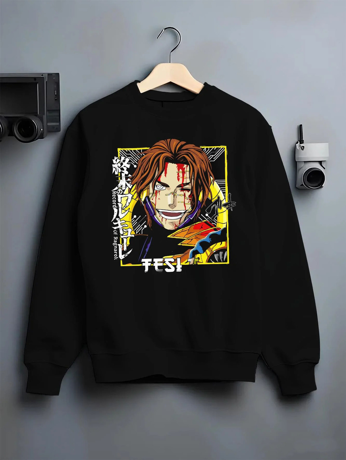 Black crewneck sweatshirt on hanger featuring Nikola Tesla science battle Record of Ragnarok artwork.