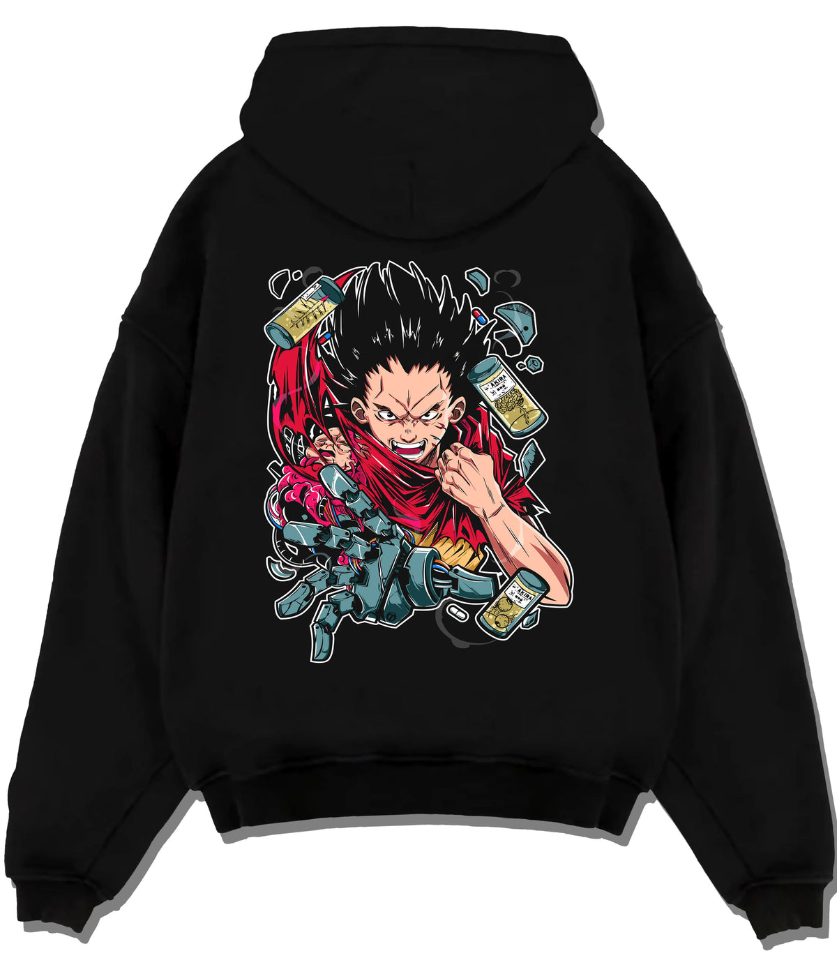 Black hoodie flat back view showing Tetsuo Shima from Akira: cybernetic red jacket artwork