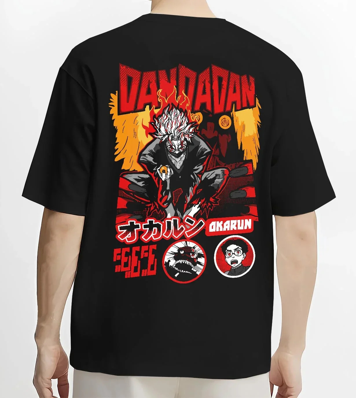 Black T-shirt worn by male model, back view with Okarun Hoodie Dandadan Possessed Spirit Alien Fight graphic Okarun anime design.