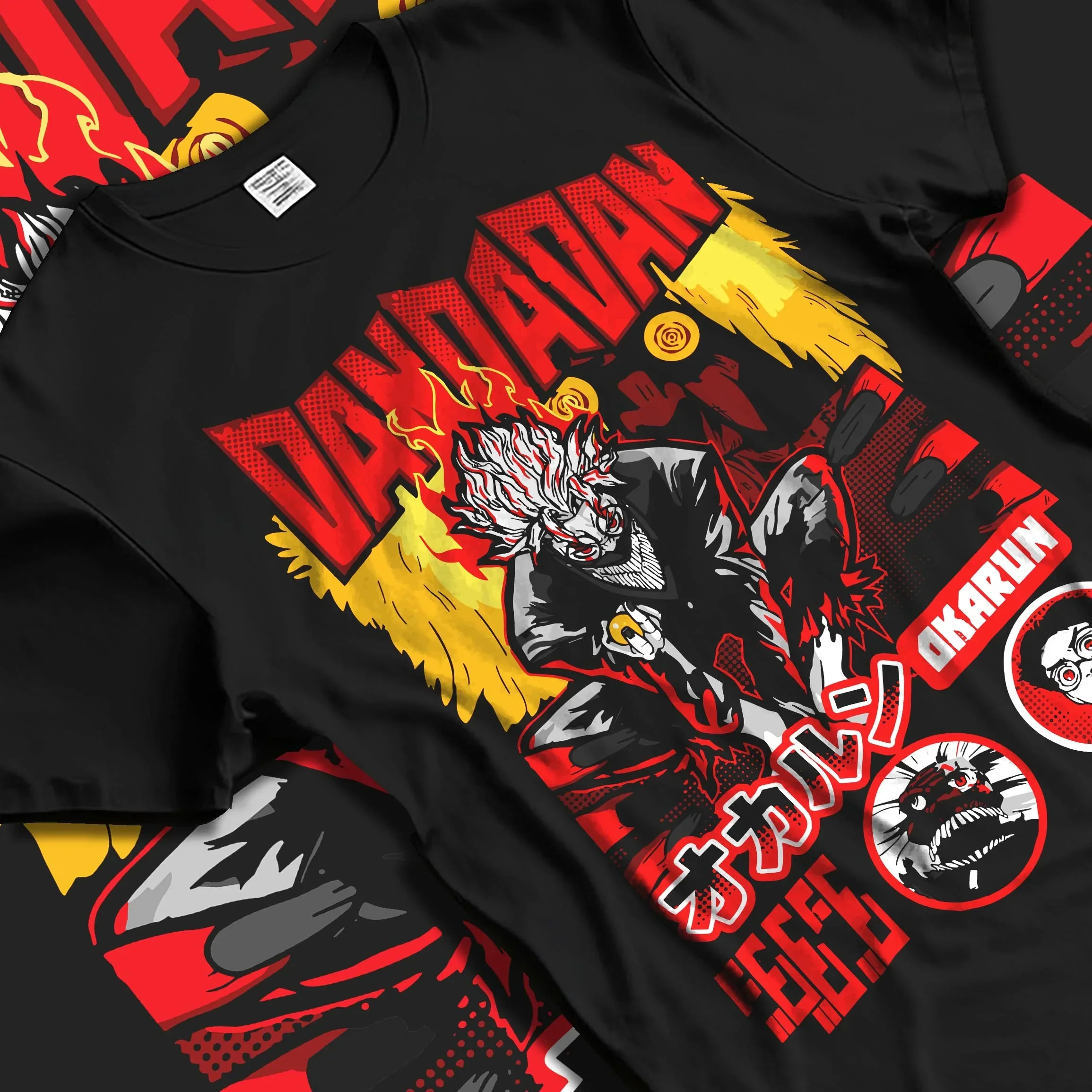 Black T-shirt laid flat with natural folds with Okarun Hoodie Dandadan Possessed Spirit Alien Fight graphic streetwear graphic.
