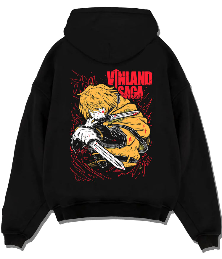 Black hoodie flat back view showing Thorfinn from Vinland Saga: golden-haired swordsman profile