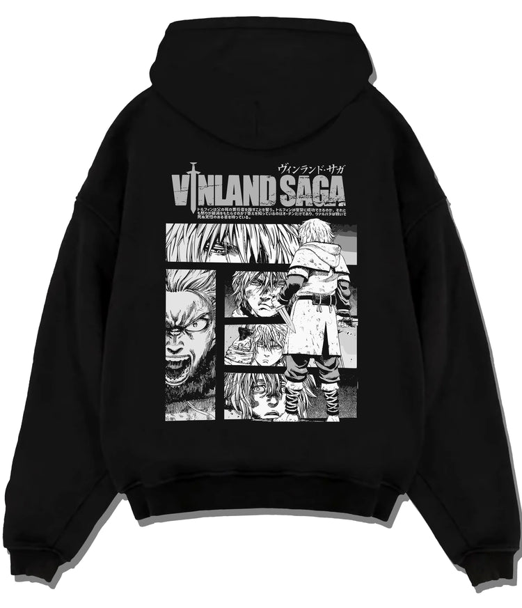 Black hoodie flat back view showing Vinland Saga: black-and-white character collage