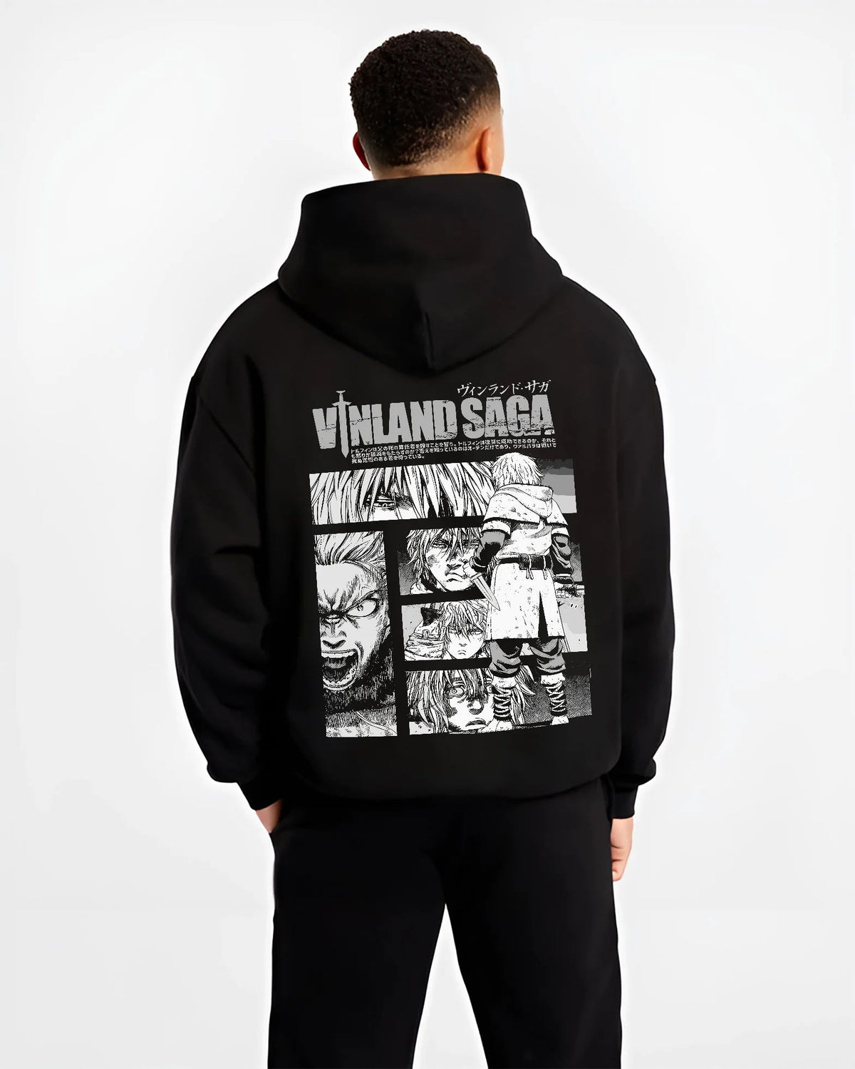 Black hoodie model back view showing Vinland Saga: black-and-white character collage