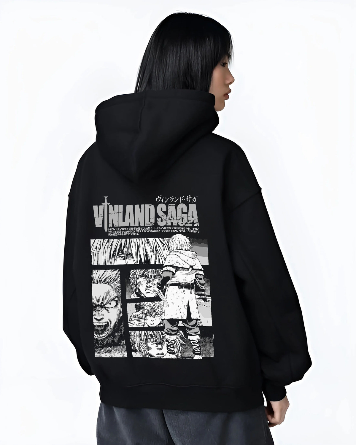 Black hoodie female model back view showing Vinland Saga: black-and-white character collage