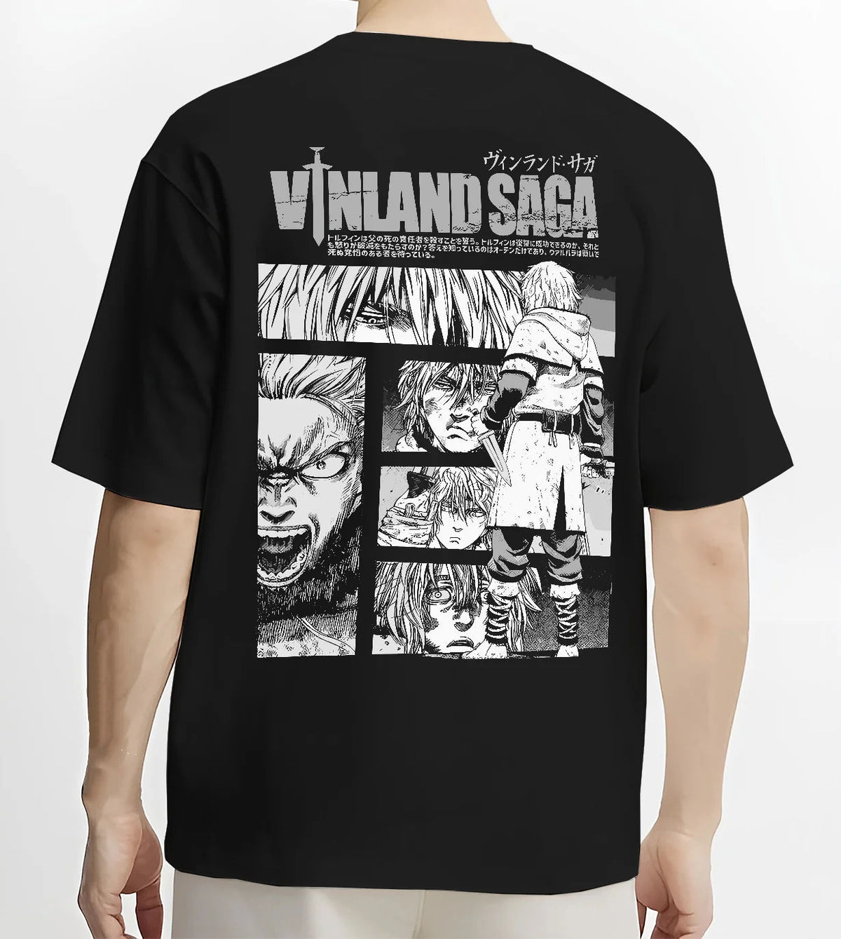 Black T-shirt model back view showing Vinland Saga: black-and-white character collage