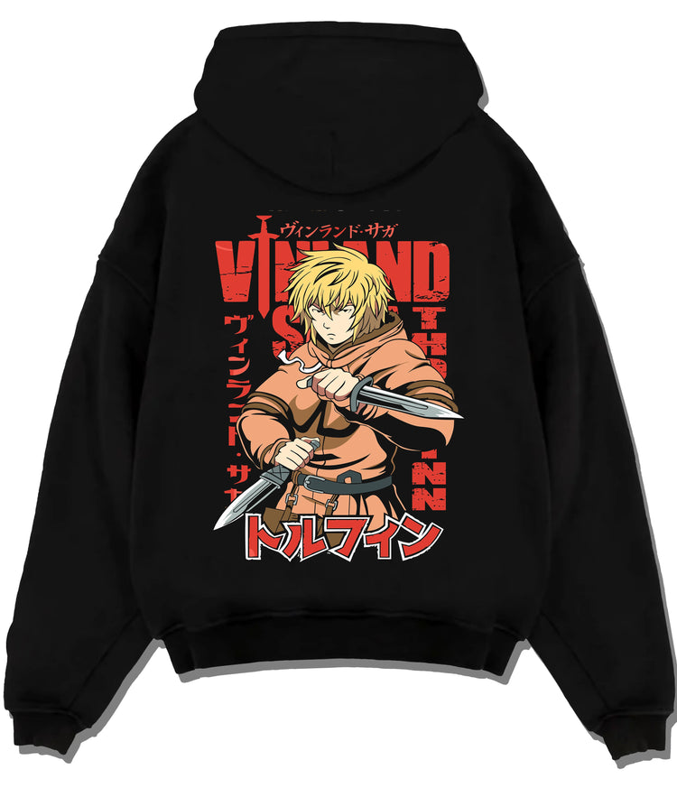 Black hoodie flat back view showing Thorfinn from Vinland Saga: dagger combat illustration